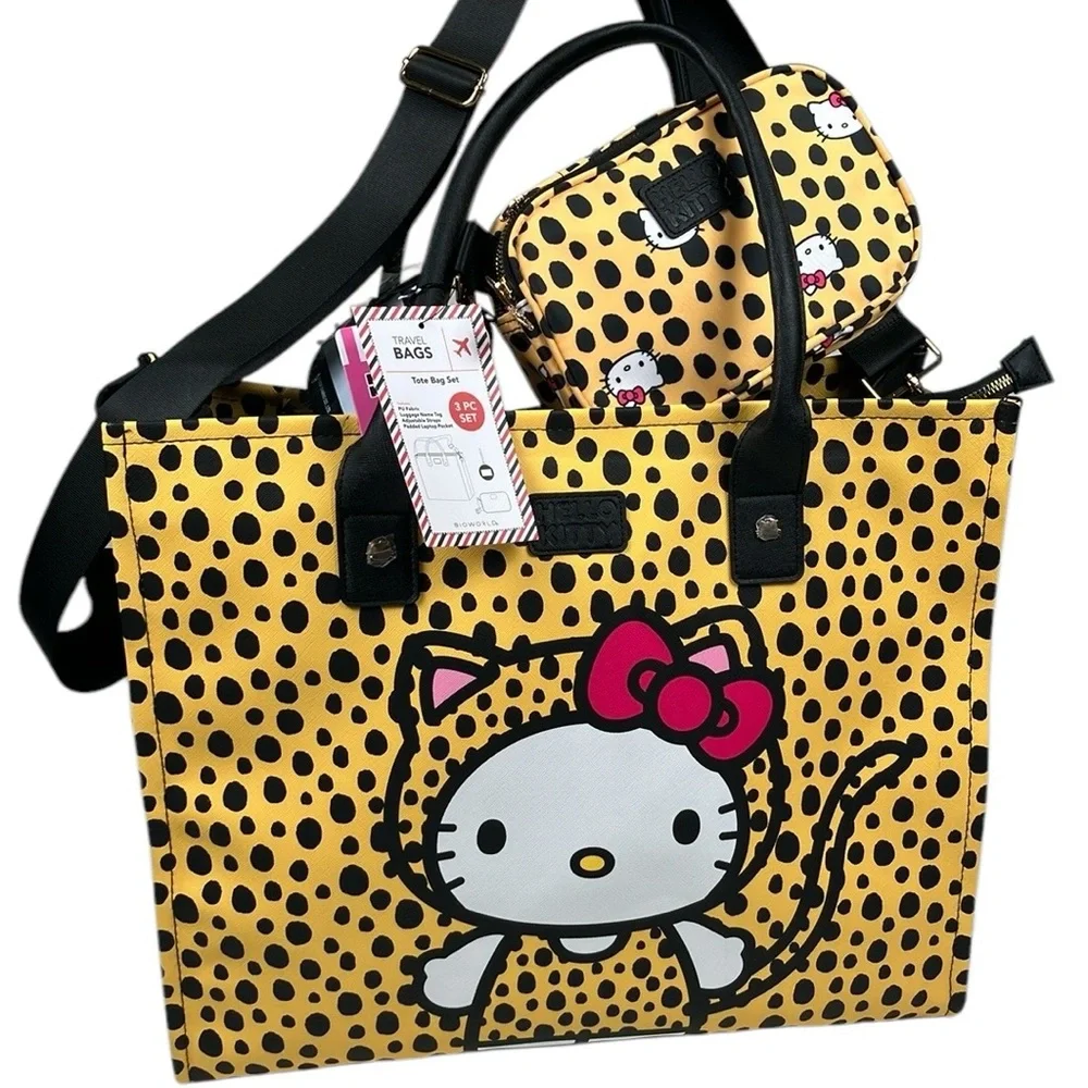 Hello Kitty Cheetah Tote Bag 3 Pc Set Crossbody Purse NWT